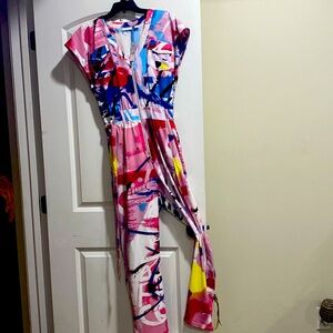 Painted splash multicolored zippered jumpsuit with belt